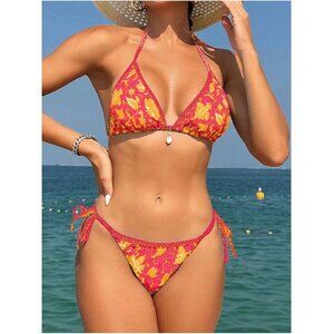 WDIRARA Two Piece Boho Swimsuit Floral Halter Triangle Bikini Bathing Suit XS